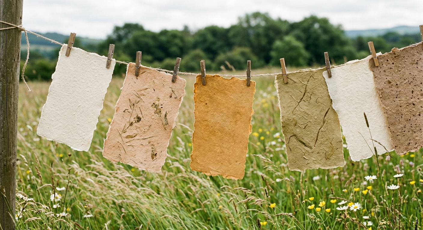 Handmade paper sheets in earthy natural tones hanging on a clothesline in a sunny grassy field, showing the deckled edges and fiber textures of paper made from organic materials